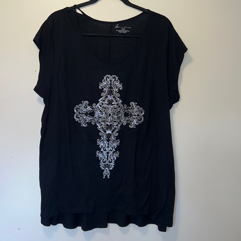 Cross with small beads & sequins embellish the front